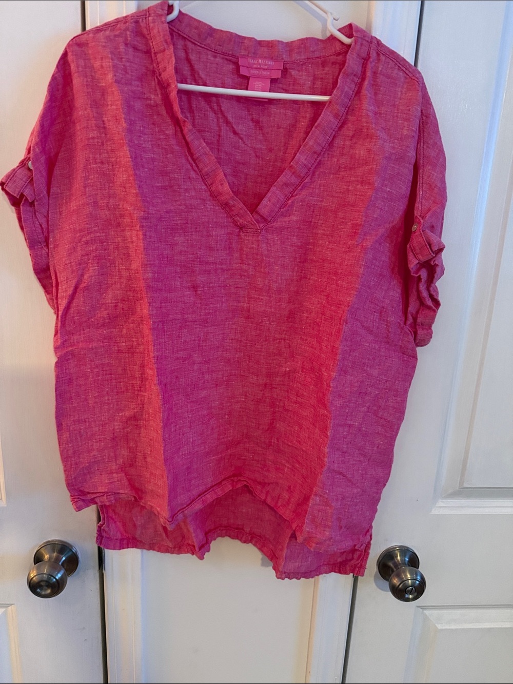 Isaac Mizrahi Hot Pink V-Neck Roll-Sleeve Top
